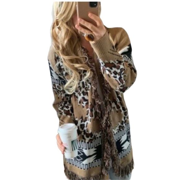 New Trendy Boho Western Flare Animal Print Oversized Leopard Cardigan Sweater - Picture 4 of 11